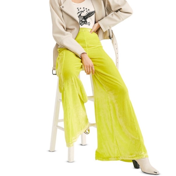 Free People Say La Vie Lime Green Velvet Wide-Leg Pants Size 2 - Picture 2 of 8